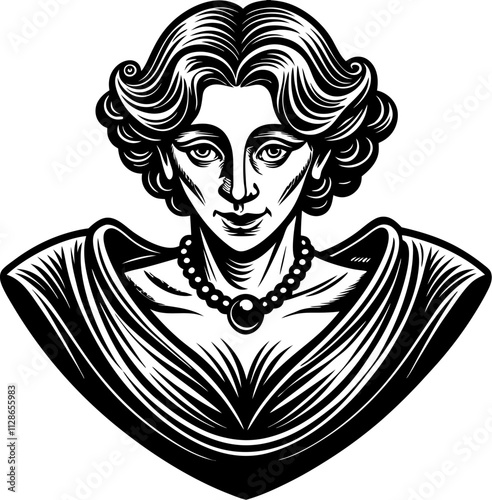 Classic woman bust avatar in engraving style. Black and white lady drawing, in vintage style