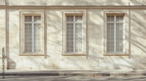 Obraz na płótnie Minimalist Parisian architecture, full wall with windows and doors, sunny afternoon light, serene and peaceful, no people. w salonie