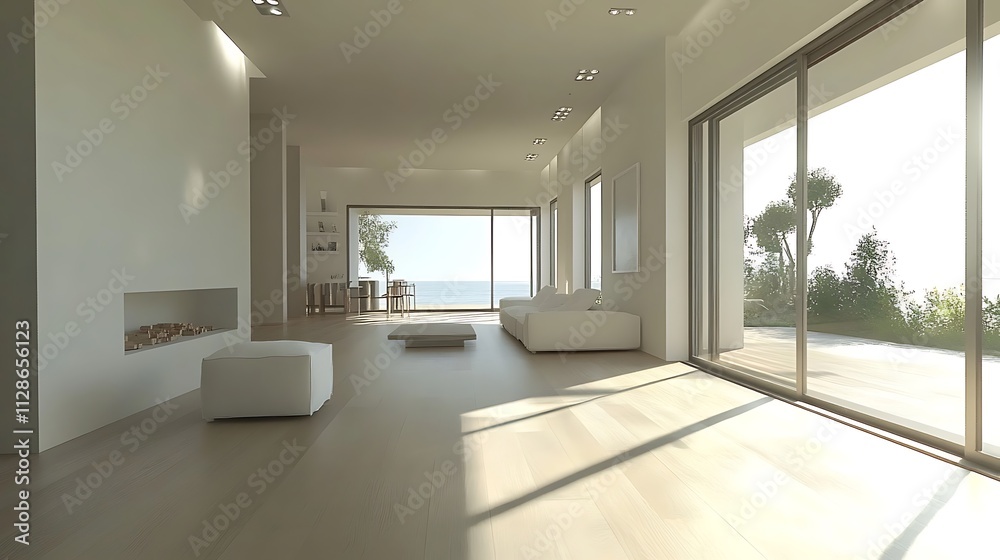 Modern minimalist living room with ocean view, sunlight streaming through large glass doors.