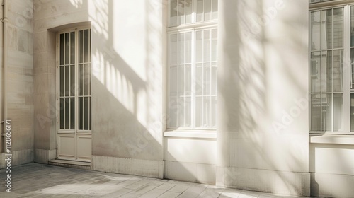 Obraz na płótnie Minimalist Parisian architecture, full wall with windows and doors, sunny afternoon light, serene and peaceful, no people. w salonie