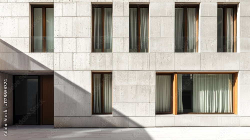 Minimalist Parisian architecture, modern building, facing a wall with windows and doors, sunny afternoon light, peaceful urban setting, no people present.