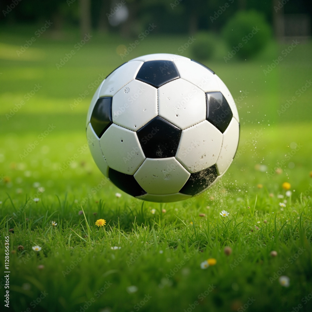 Fototapeta premium Soccer ball on green field with flowers, outdoor sports theme