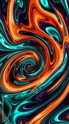 Colorful swirling patterns create a mesmerizing visual display in vibrant shades of orange and turquoise