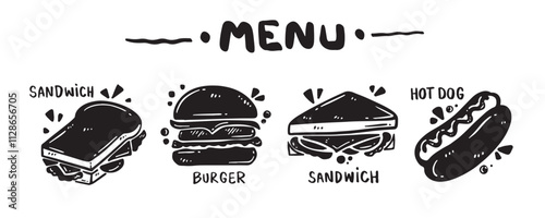 Menu icon set for food categories, hand drawn, vector illustration. (Sandwich, Burger, Hot dog)