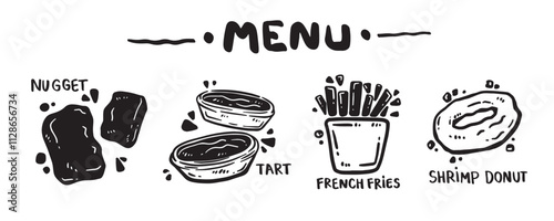 Menu icon set for food categories, hand drawn, vector illustration. (Nugget, Tart, French fries, Shrimp donut)