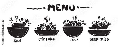 Menu icon set for food categories, hand drawn, vector illustration. (Soup, Stir fried, Deep fried)