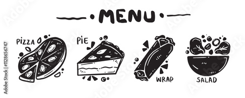 Menu icon set for food categories, hand drawn, vector illustration. (Pizza, Pie, Wrap, Salad)