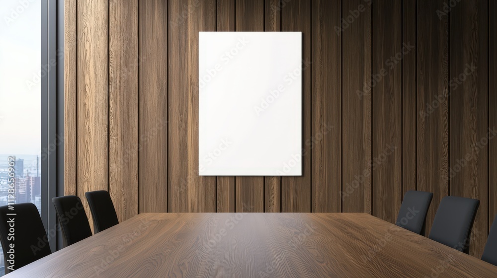 Fototapeta premium Blank poster in modern conference room with wooden accents provides space for creative ideas