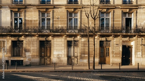 Obraz na płótnie Minimalist Parisian building, front view of an entire wall with windows and doors, set on a sunny afternoon with warm light creating a peaceful and serene atmosphere, no people around. w salonie
