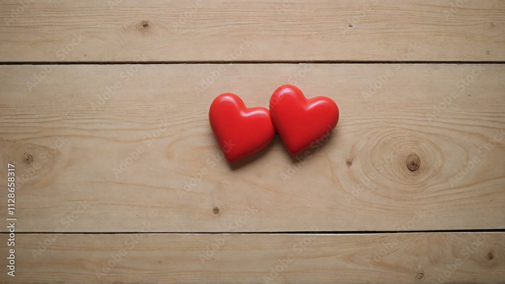 Valentine's Day Background with Two Red Hearts on Rustic Wooden Surface Valentine's Day Background with Two Red Hearts on Rustic Wooden Surface