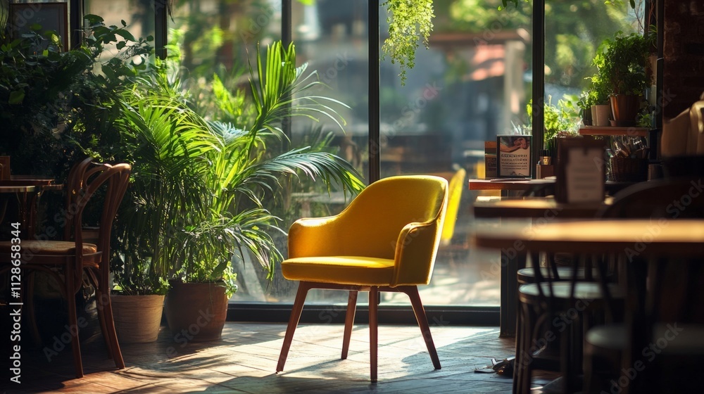 Obraz premium Bright yellow chair in a cozy cafe with lush plants and sunlight filtering through large windows.