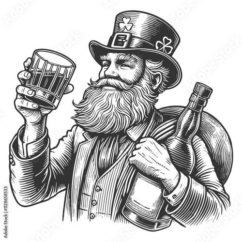 leprechaun raising a whiskey glass, wearing a top hat with a shamrock, celebrating in style sketch engraving generative ai vector illustration. Scratch board imitation. Black and white image.