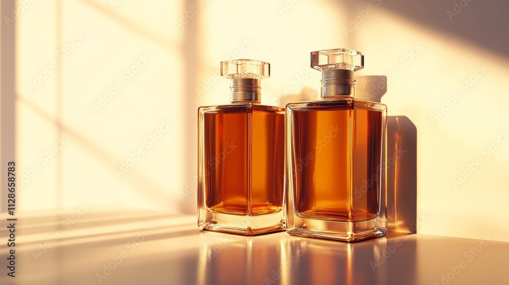 Elegant perfume bottles captured in warm sunlight, showcasing a rich amber hue and stylish design for luxury lovers. Elegant perfume bottles captured in warm sunlight, showcasing a rich amber hue and stylish design for luxury lovers.