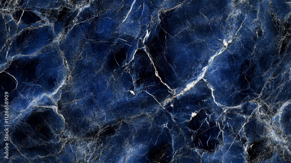 Deep navy blue marble with swirling silver veins and a luminous glow Deep navy blue marble with swirling silver veins and a luminous glow