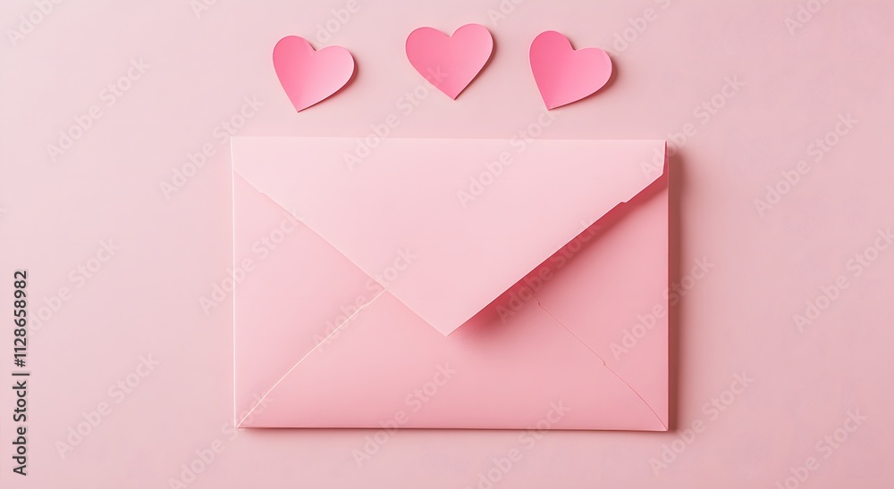 An envelope with a handmade paper heart on a light pink background. Symbolizing the idea of ​​expressing love through a romantic message to celebrate Valentine's Day.