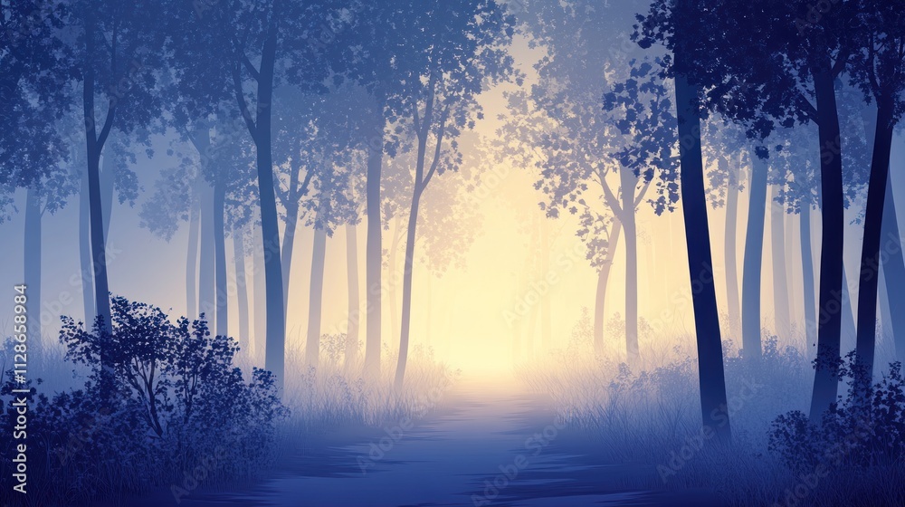 Fototapeta premium Serene Forest Path Morning Mist Enveloping Trees