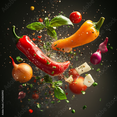 Vegetables floating in the air