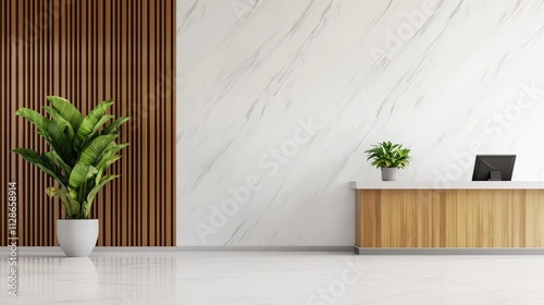 Elegant luxury hotel lobby featuring modern reception desk and stylish greenery
