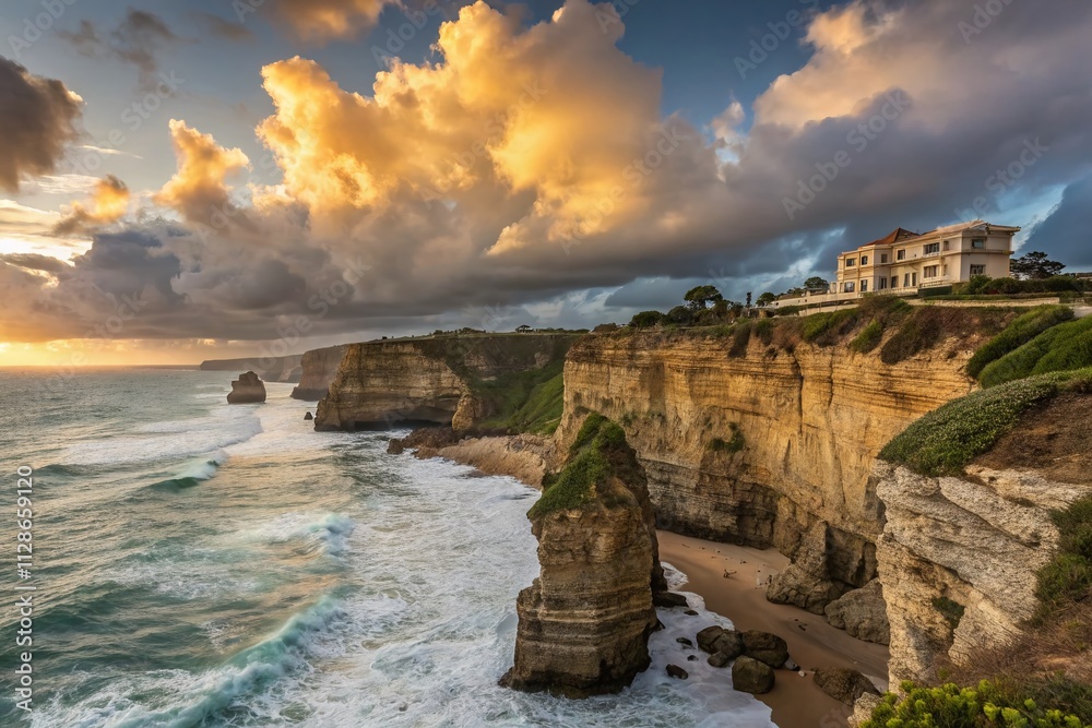 Breathtaking Architectural Seascape from a Seaside Cliff Showcasing Dramatic Cliffs, Vibrant Ocean Waves, and Expansive Sky in a Coastal Landscape Setting Breathtaking Architectural Seascape from a Seaside Cliff Showcasing Dramatic Cliffs, Vibrant Ocean Waves, and Expansive Sky in a Coastal Landscape Setting