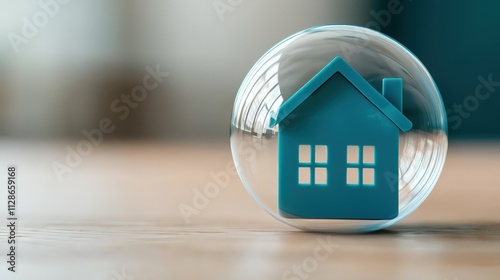 Modern house model inside a transparent bubble on a wooden surface in bright environment
