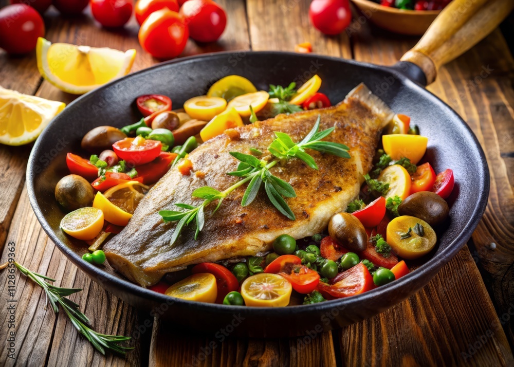 Pan-Fried Flatfish Recipe: Close-Up of Delicious Homemade Dish with Vegetables Pan-Fried Flatfish Recipe: Close-Up of Delicious Homemade Dish with Vegetables