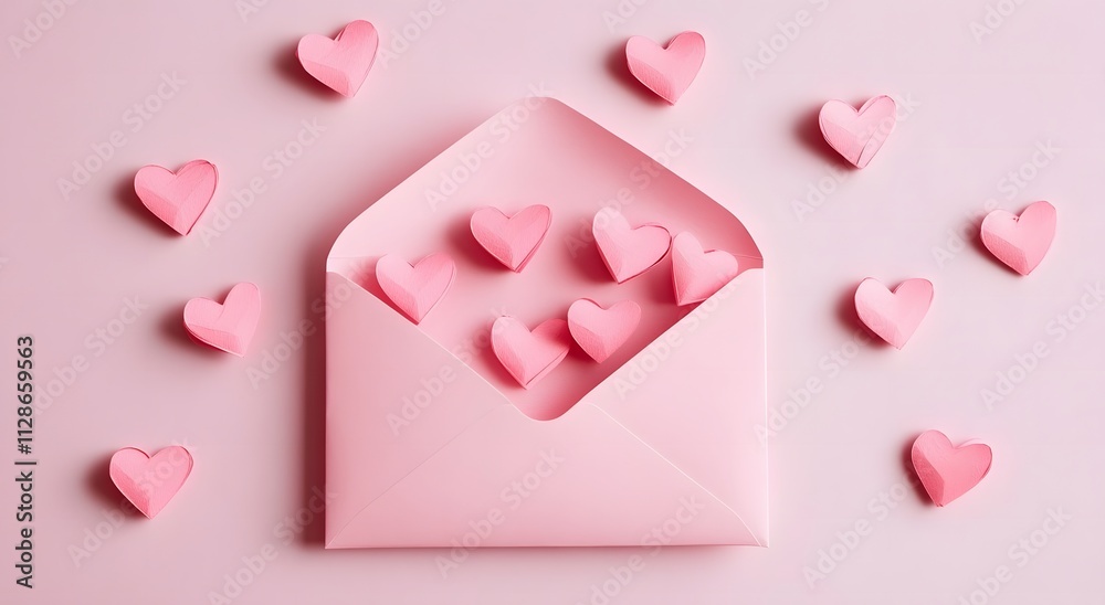 An envelope with a handmade paper heart on a light pink background. Symbolizing the idea of expressing love through a romantic message to celebrate Valentine's Day. An envelope with a handmade paper heart on a light pink background. Symbolizing the idea of expressing love through a romantic message to celebrate Valentine's Day.