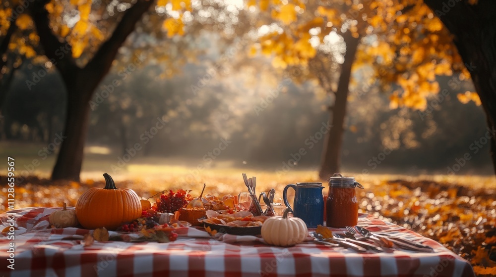 Autumn Picnic Scene With Pumpkin and Fall Leaves on a Checkered Tablecloth in a Warm Sunlight Autumn Picnic Scene With Pumpkin and Fall Leaves on a Checkered Tablecloth in a Warm Sunlight