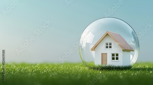 Modern house enclosed in a transparent bubble on a sunny green field