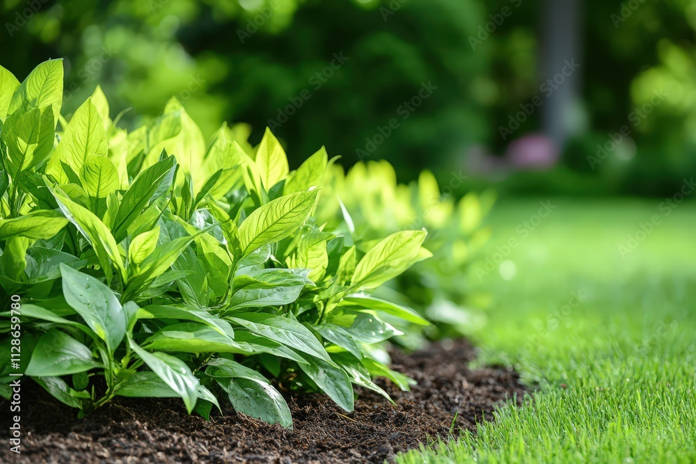 Lush green plants thriving in a well-tended garden with sunlight filtering through Lush green plants thriving in a well-tended garden with sunlight filtering through