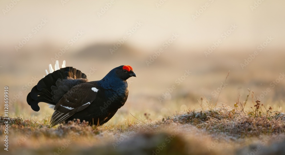 Elegant black grouse in misty autumn meadow at sunrise Elegant black grouse in misty autumn meadow at sunrise