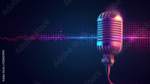 Podcasting banner featuring microphone and waveform on blue