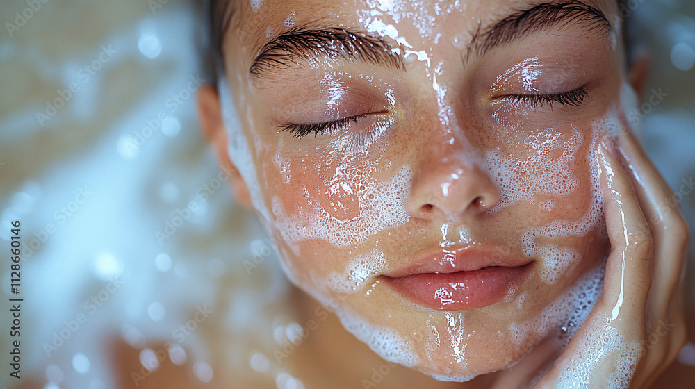 Close-up of a young woman washing her face with foaming cleanser, hands framing her glowing wet skin, bright light reflecting on water droplets, emphasizing freshness and skincare Close-up of a young woman washing her face with foaming cleanser, hands framing her glowing wet skin, bright light reflecting on water droplets, emphasizing freshness and skincare