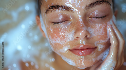 Close-up of a young woman washing her face with foaming cleanser, hands framing her glowing wet skin, bright light reflecting on water droplets, emphasizing freshness and skincare