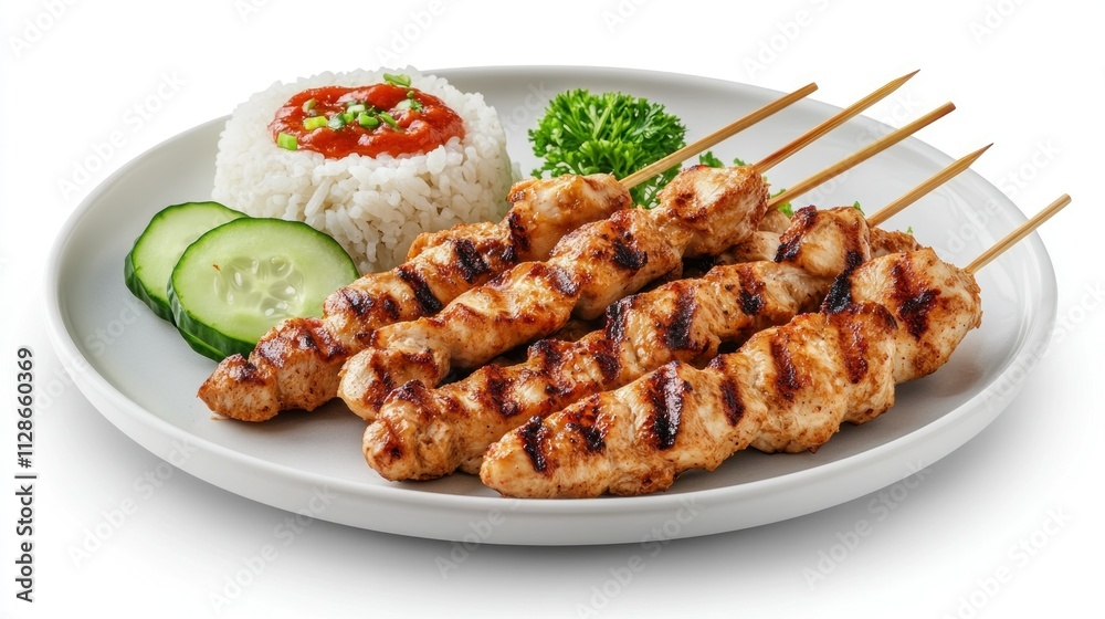 A plate of chicken satay skewers with tender A plate of chicken satay skewers with tender
