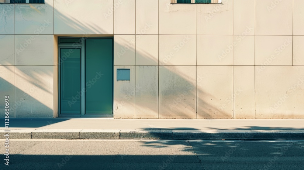 Minimalist Parisian street, modern building, facing a wall with windows and doors, sunny afternoon light, peaceful and tranquil, no people present.