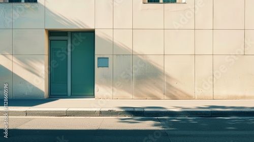 Obraz na płótnie Minimalist Parisian street, modern building, facing a wall with windows and doors, sunny afternoon light, peaceful and tranquil, no people present. w salonie