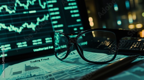 Glasses on financial documents with stock charts symbolize unauthorized trading fraud risks.