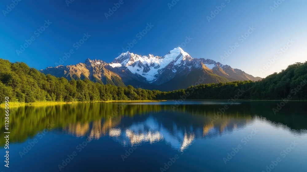 Majestic mountains reflect in the serene lake under a clear blue sky Majestic mountains reflect in the serene lake under a clear blue sky