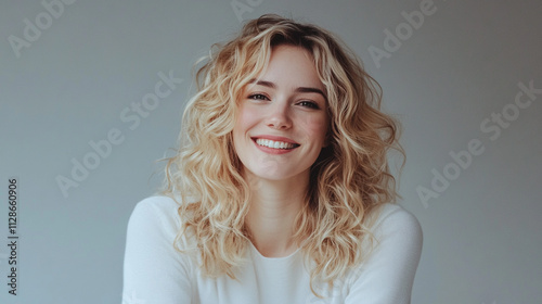 Woman with blonde hair and a white sweater is smiling. She has a pleasant and happy expression on her face