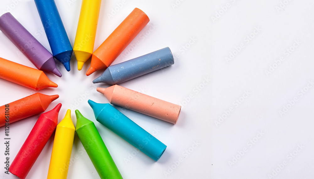 Circular arrangement of colorful crayons on white background, art class Circular arrangement of colorful crayons on white background, art class