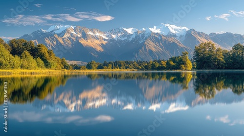 Majestic mountain landscape with reflective lake during clear day in tranquil setting