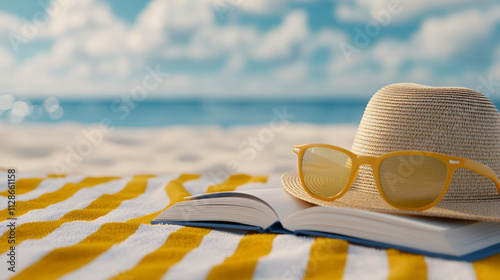 A straw hat, sunglasses, and a book on a beach towel, embodying a perfect day by the sea