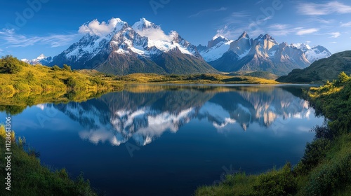 Majestic mountains reflect in calm lake under clear blue sky at sunrise