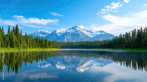 Breathtaking mountain view with serene lake reflection under clear blue sky