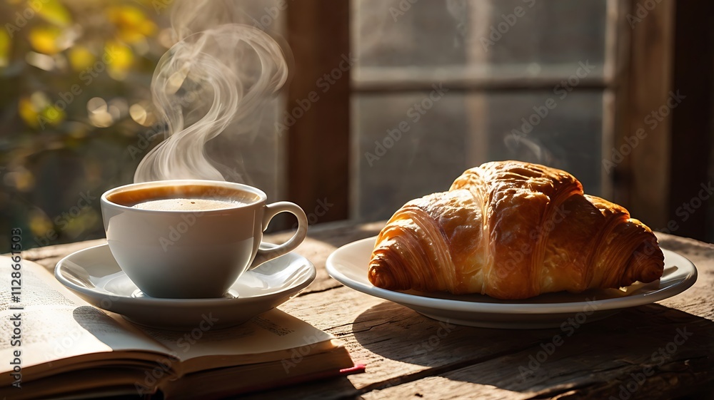 cup of coffee and croissant cup of coffee and croissant