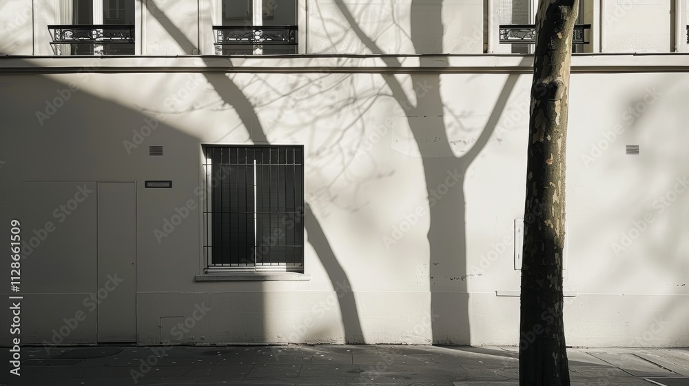Minimalist Parisian street, modern building, facing a wall with windows and doors, sunny afternoon light, peaceful and tranquil, no people present.