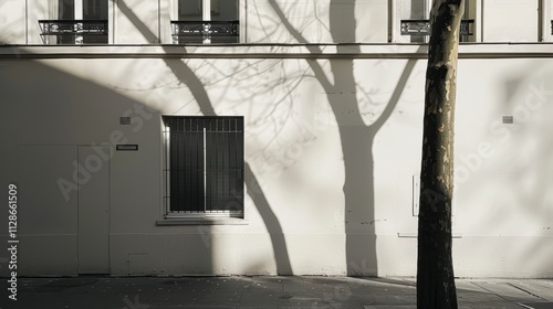 Obraz na płótnie Minimalist Parisian street, modern building, facing a wall with windows and doors, sunny afternoon light, peaceful and tranquil, no people present. w salonie