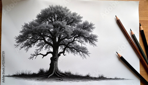 Realistic drawing of a tree in charcoal on paper with colored pencils next to it, art class