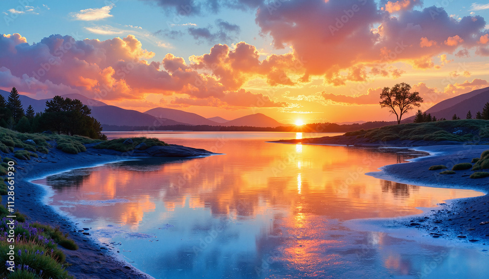 Breathtaking sunset over tranquil lake with reflection of clouds and mountains, art class Breathtaking sunset over tranquil lake with reflection of clouds and mountains, art class