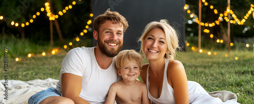 A family smiles together at an outdoor event, surrounded by glowing string lights, capturing a moment of happiness photo